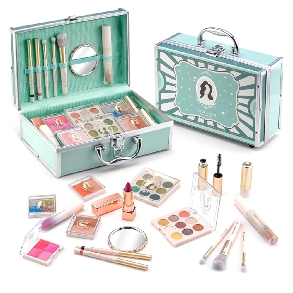 Mint Green Eyeshadow & Makeup Train Case Set - Complete Eye Palette Collection